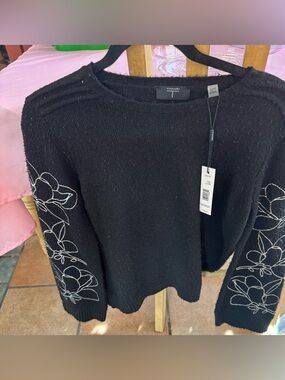 Tahari Black Crewneck Sweater with White Floral Sleeve Embroidery